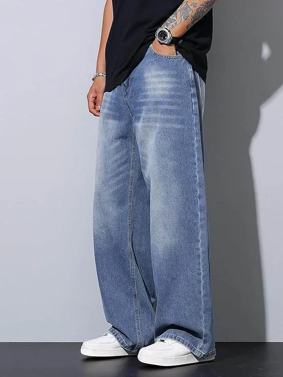 Men’s Medium Blue Baggy Wide-Leg Jeans Loose Fit Denim