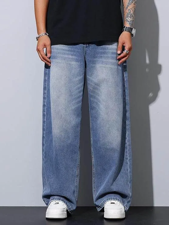 Men’s Medium Blue Baggy Wide-Leg Jeans Loose Fit Denim