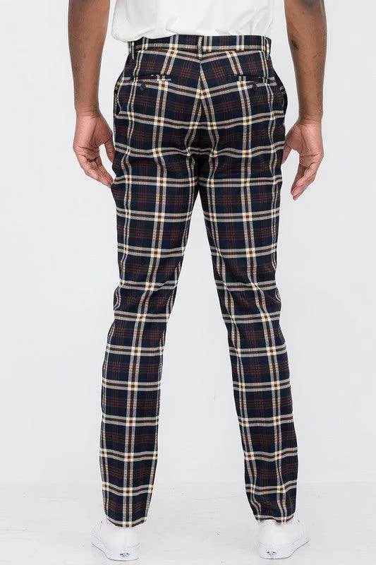 Mens Navy Blue Plaid Trouser Pants