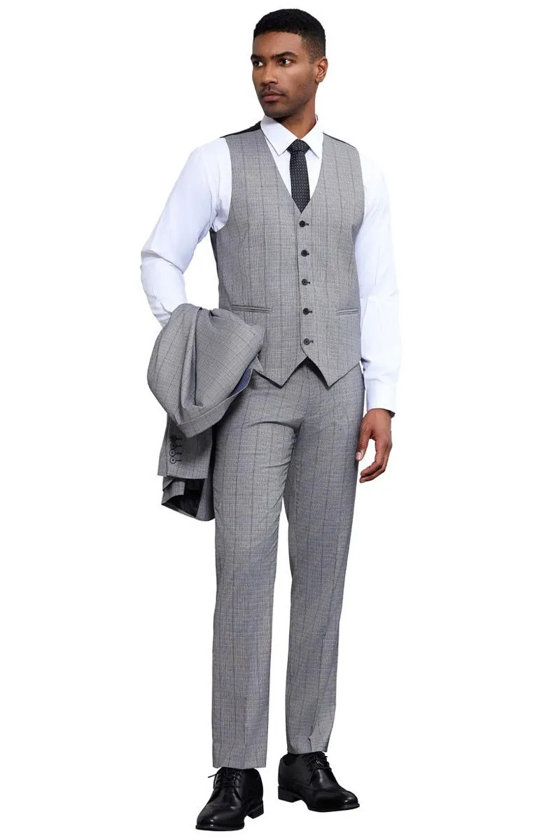 Men's Stacy Adams Modern Fit Vested Tonal Windowpane Plaid Suit in Light Grey