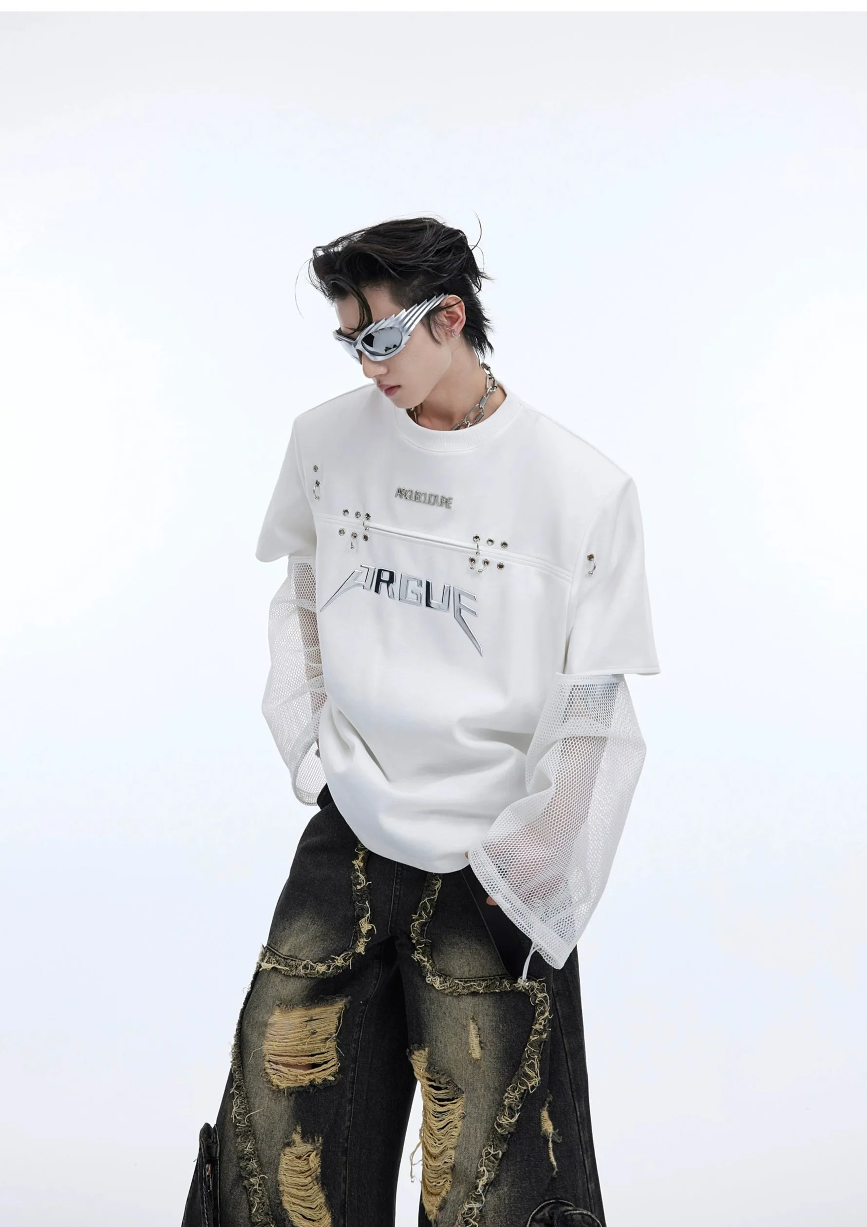 Metal Logo Mesh Spliced Shirt