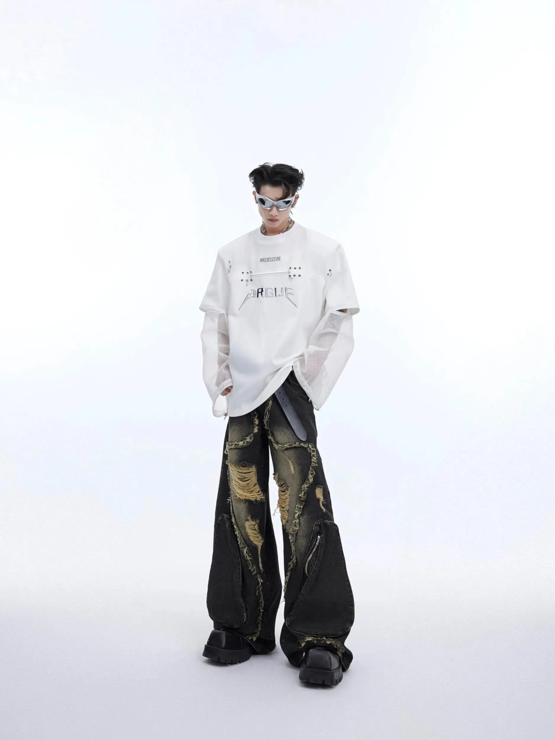 Metal Logo Mesh Spliced Shirt