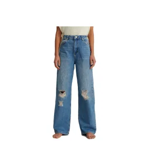 Mide Leg Destroyed Details Jeans - Mid Blue