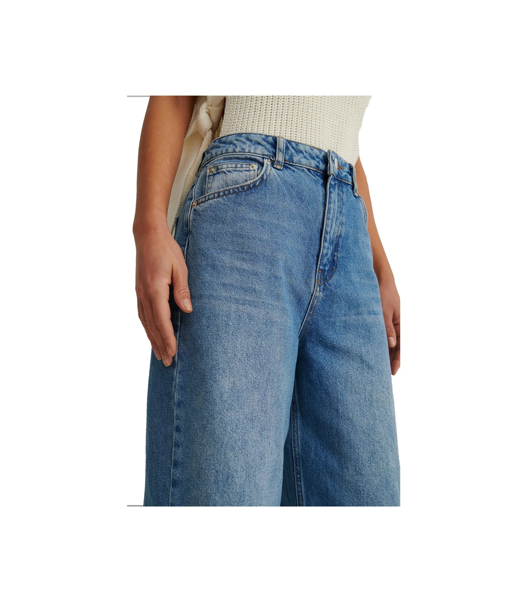 Mide Leg Destroyed Details Jeans - Mid Blue