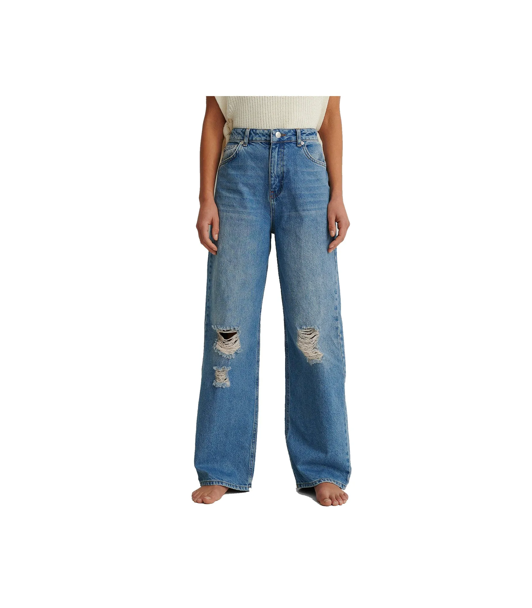 Mide Leg Destroyed Details Jeans - Mid Blue