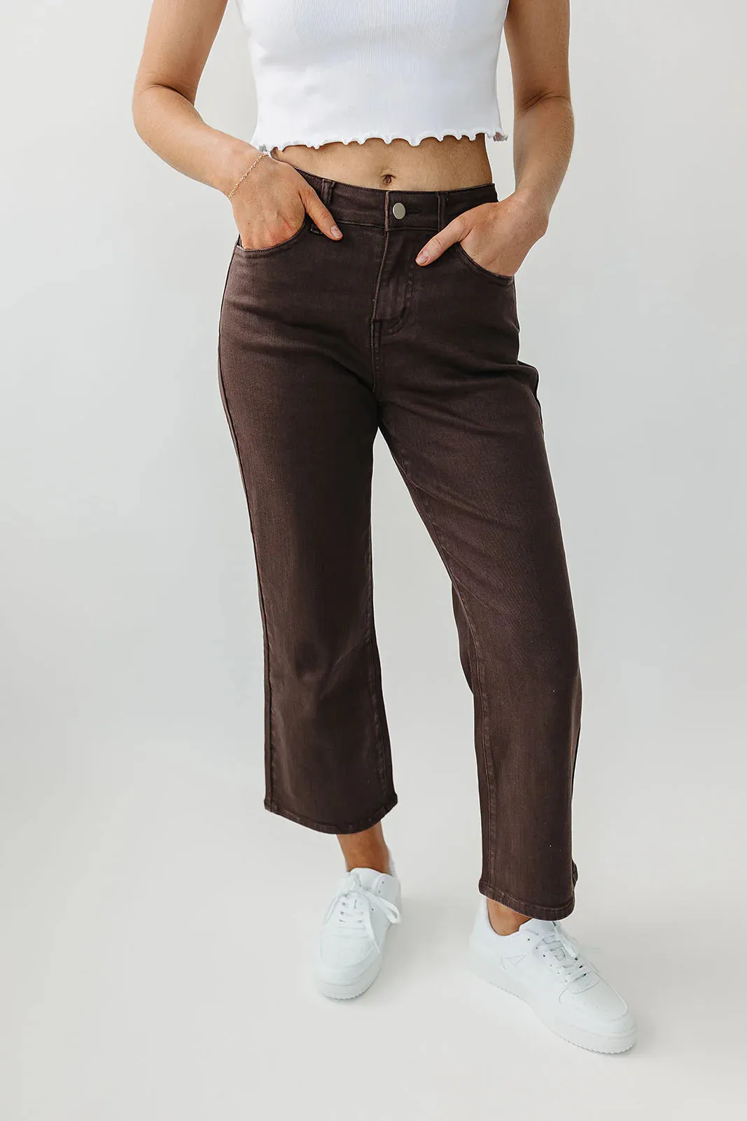 Mocha Garment-Dyed Cropped Wide Leg Jeans
