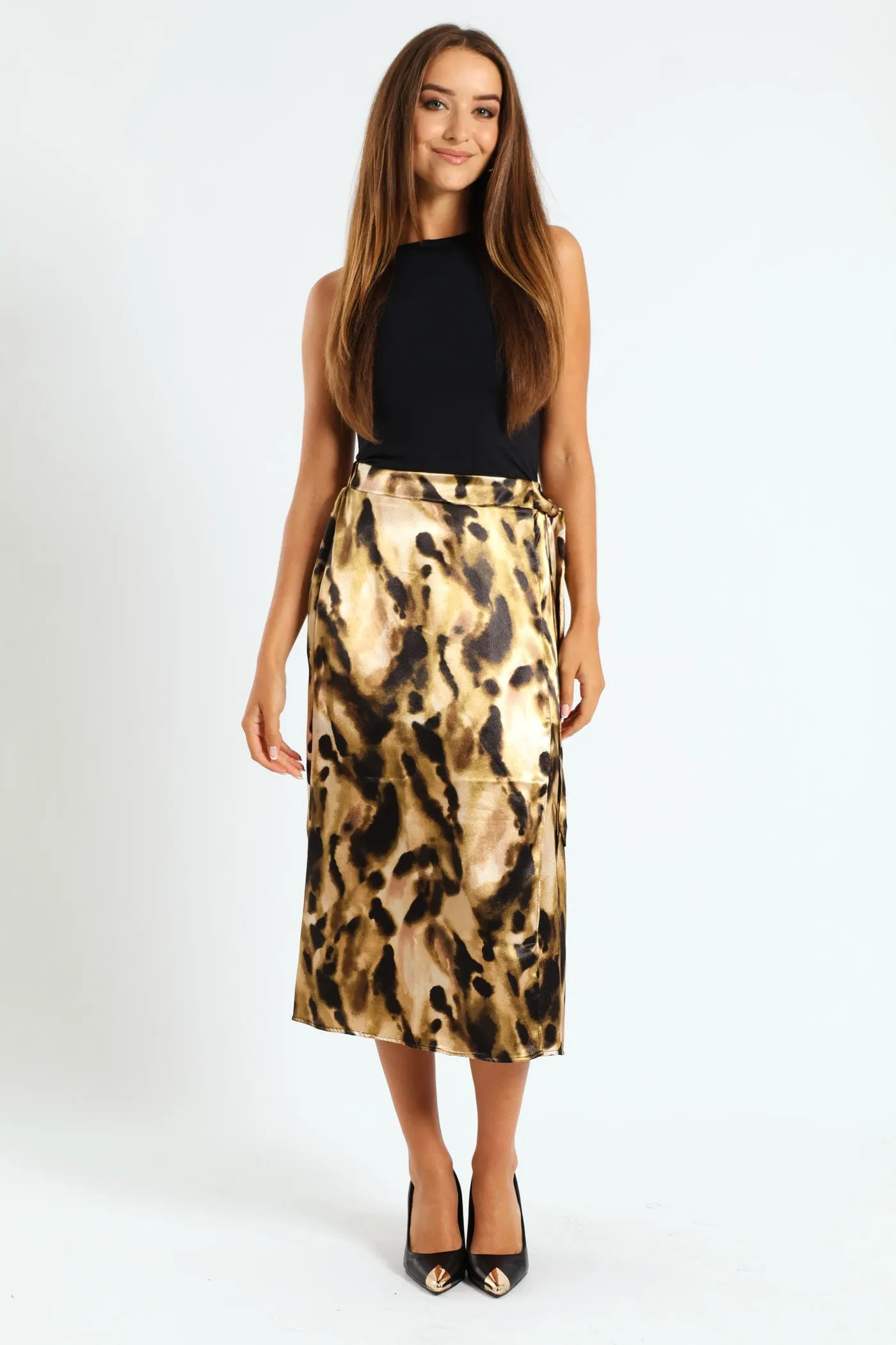 Mock Wrap A-Line Midi Skirt - Multi
