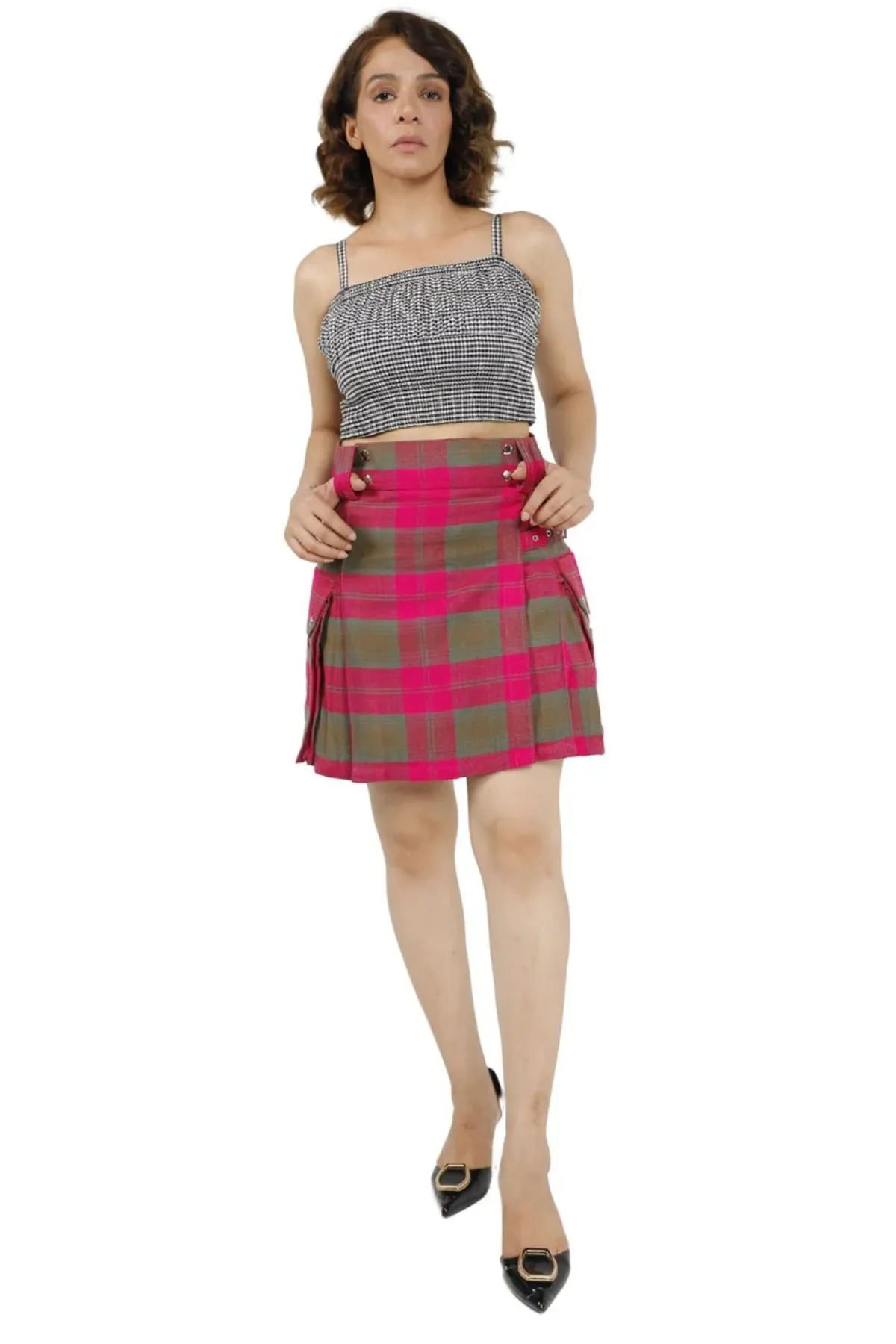 Modern Utility Plaid Pleated mini Skirt