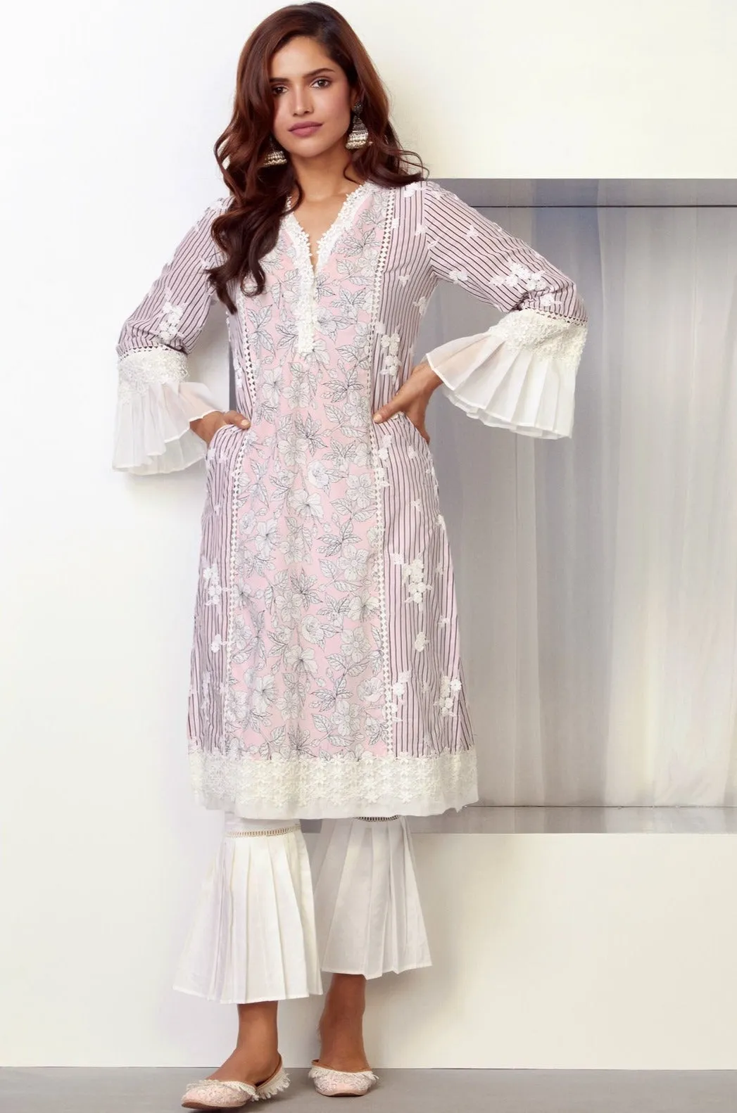 Mulmul Cotton Soho kurta Pink with Pleated Bellbottom Pant