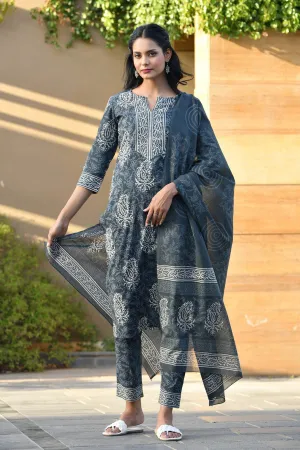 MULMUL IDHIKA BLOCK PRINTED KURTA-PANTS & DUPATTA SET
