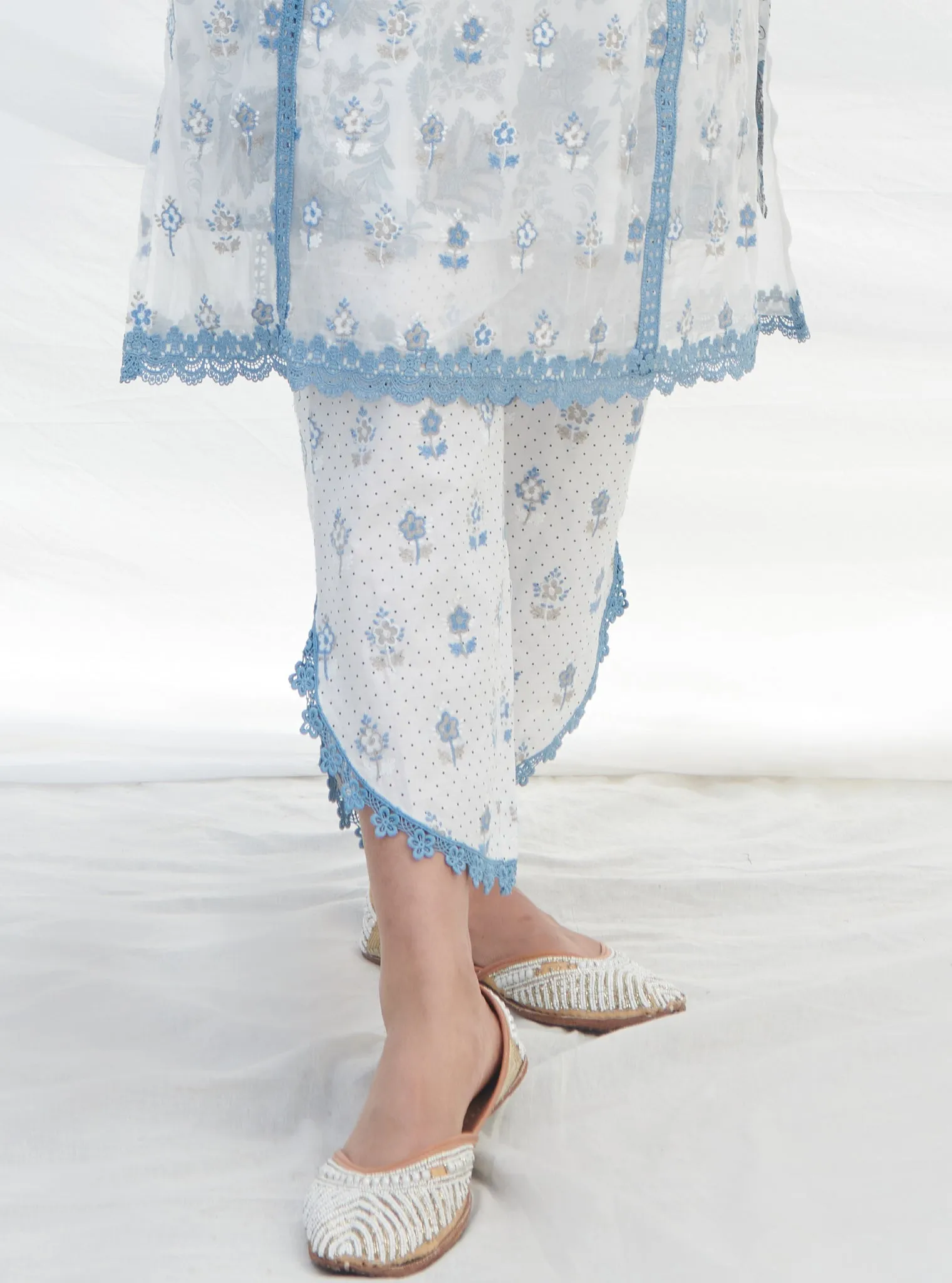 Mulmul Organza Terra Blue Kurta With Mulmul Cotton Terra Blue Pant
