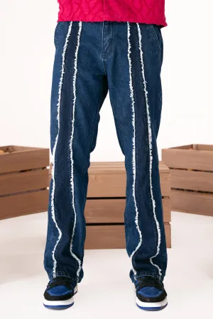 Navy Blue Fray Cut Panel Jeans