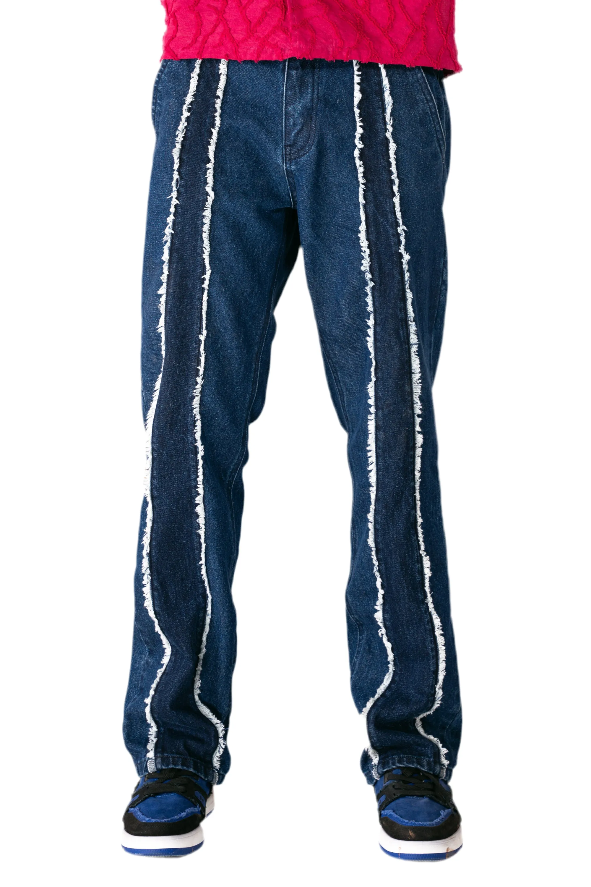Navy Blue Fray Cut Panel Jeans