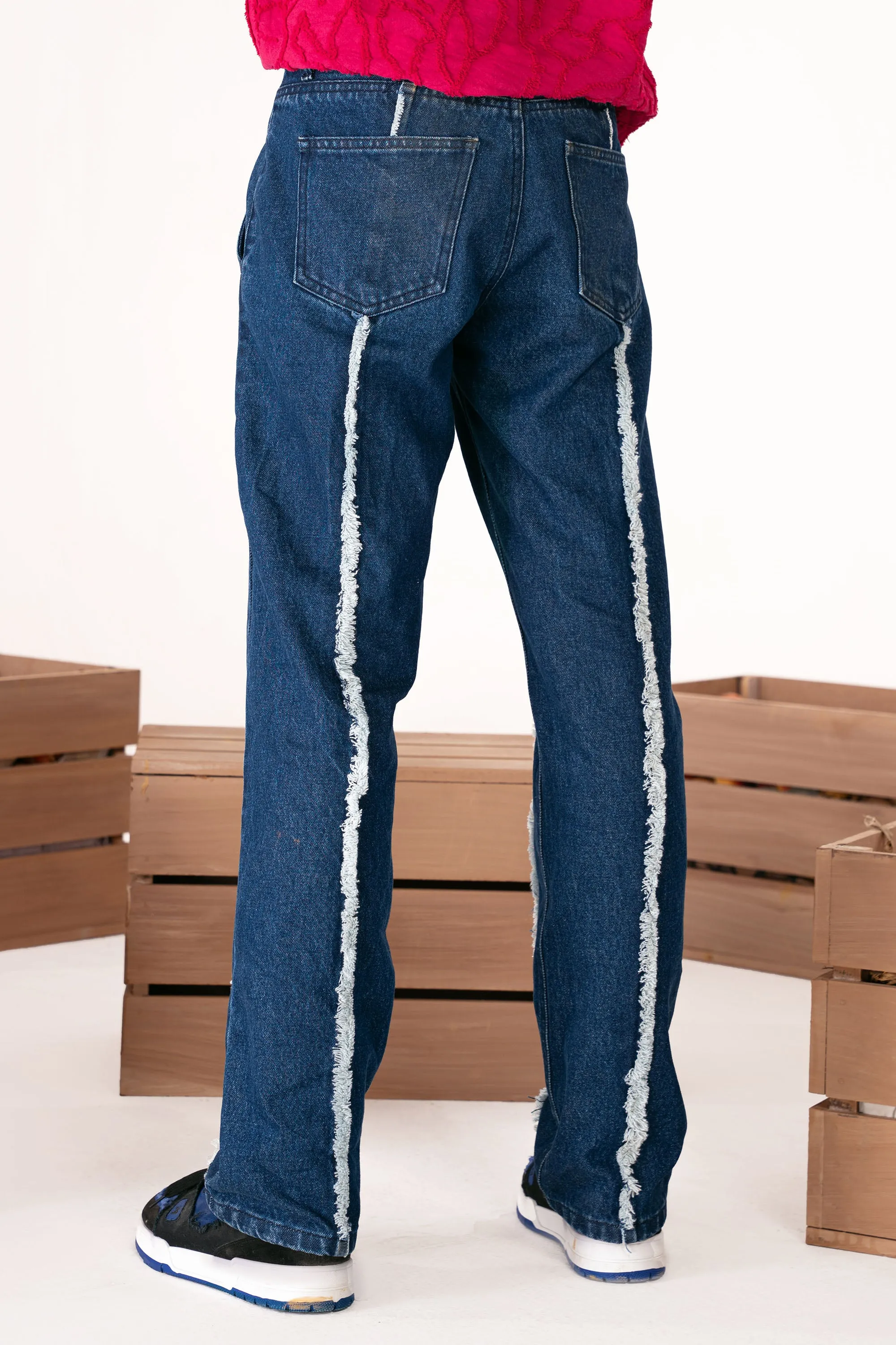 Navy Blue Fray Cut Panel Jeans
