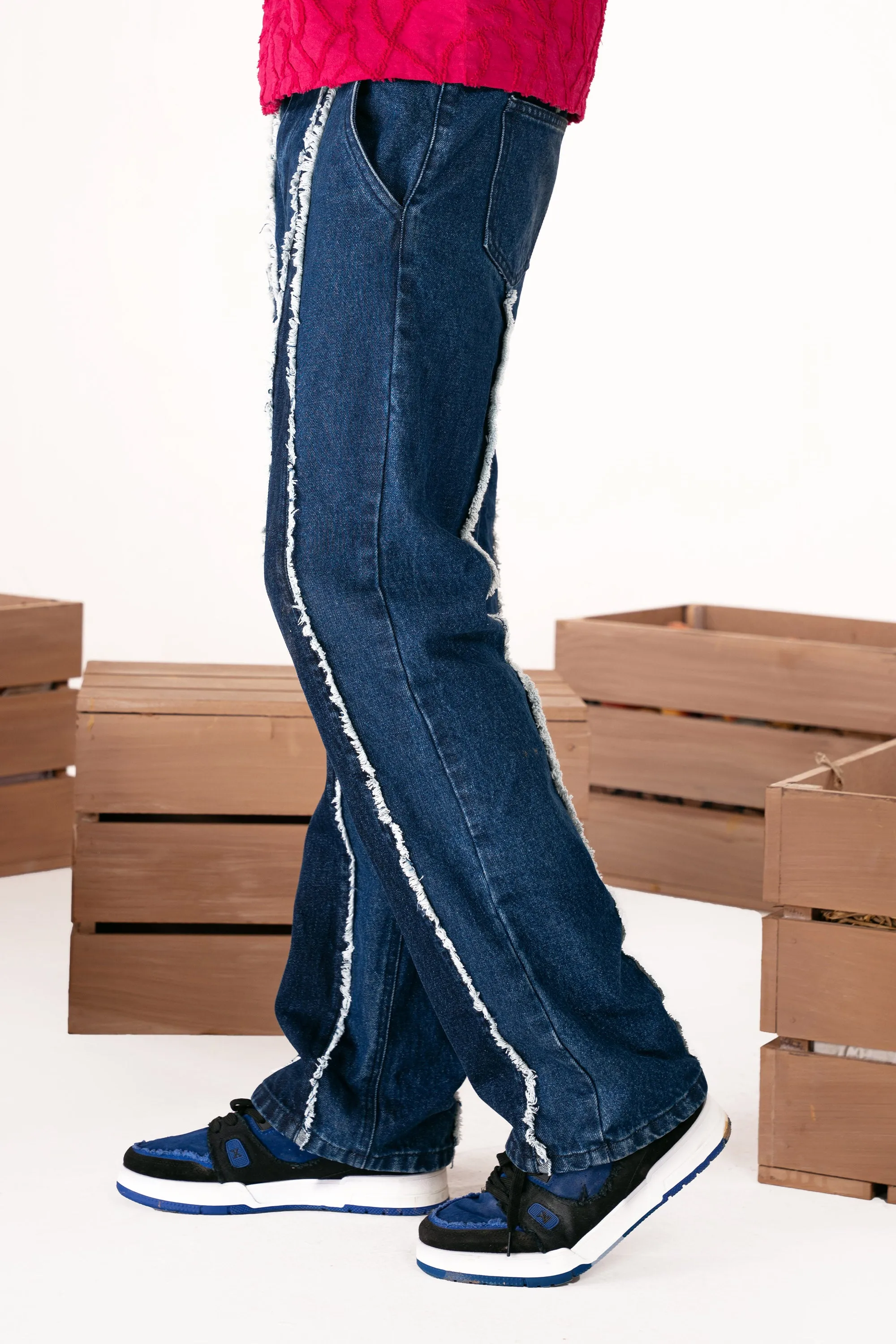 Navy Blue Fray Cut Panel Jeans