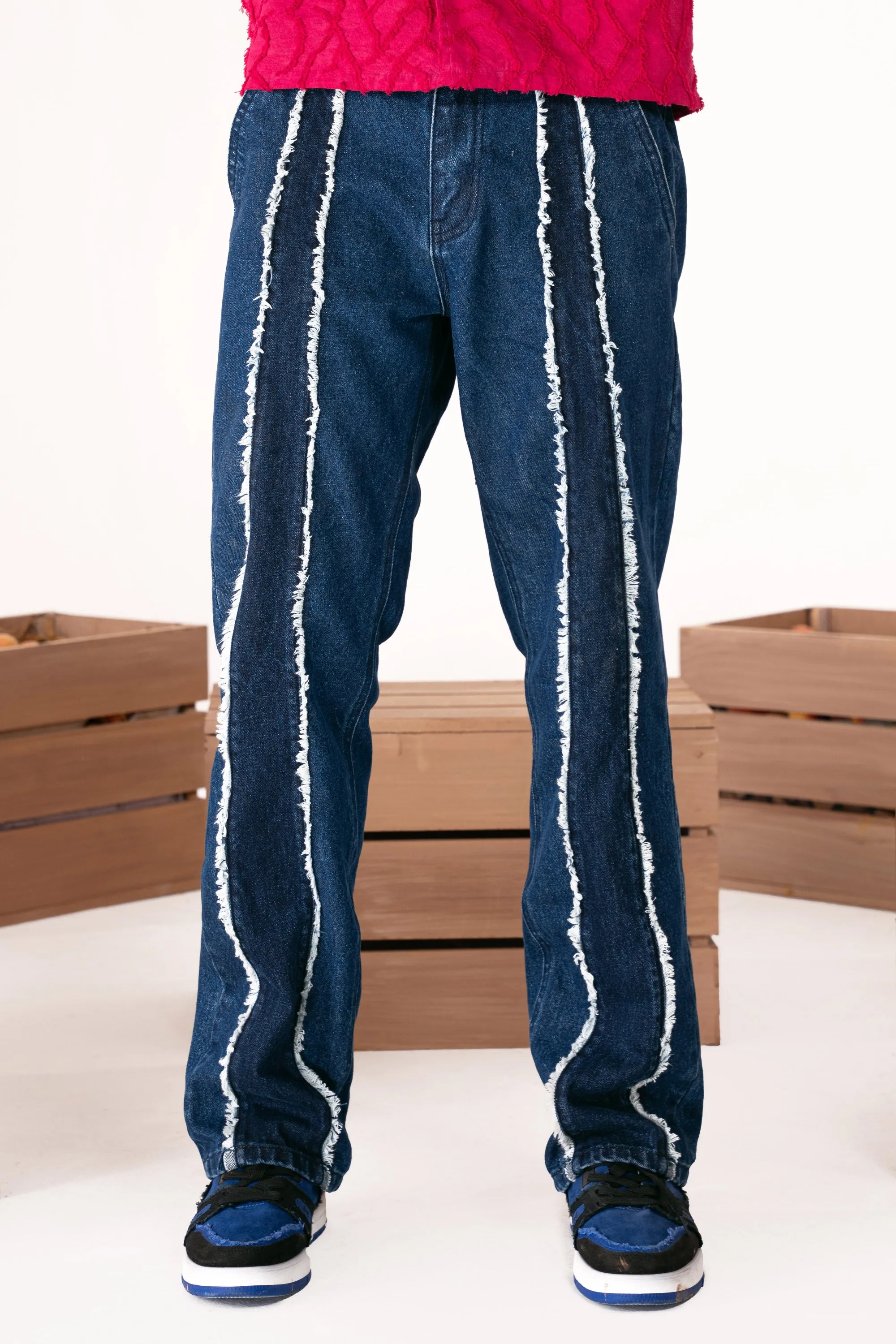 Navy Blue Fray Cut Panel Jeans