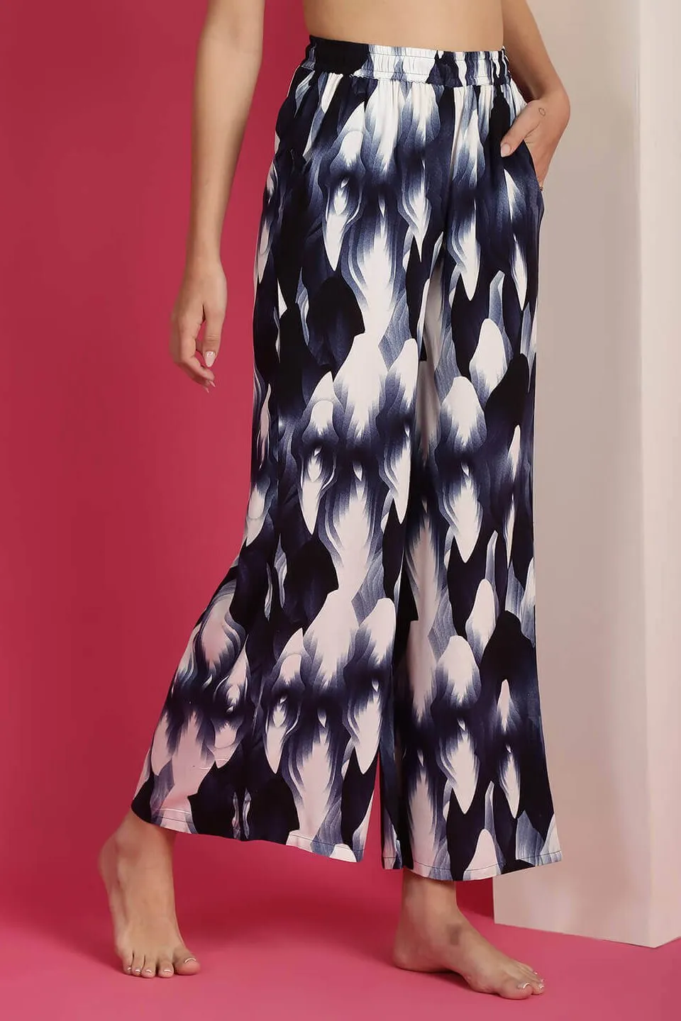 Navy Colour Tie and Dye Printed Viscose Rayon Lounge Pants