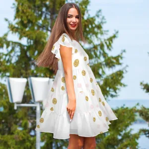 Neck Ruffle Sleeve Flowy Pleated Casual Dress