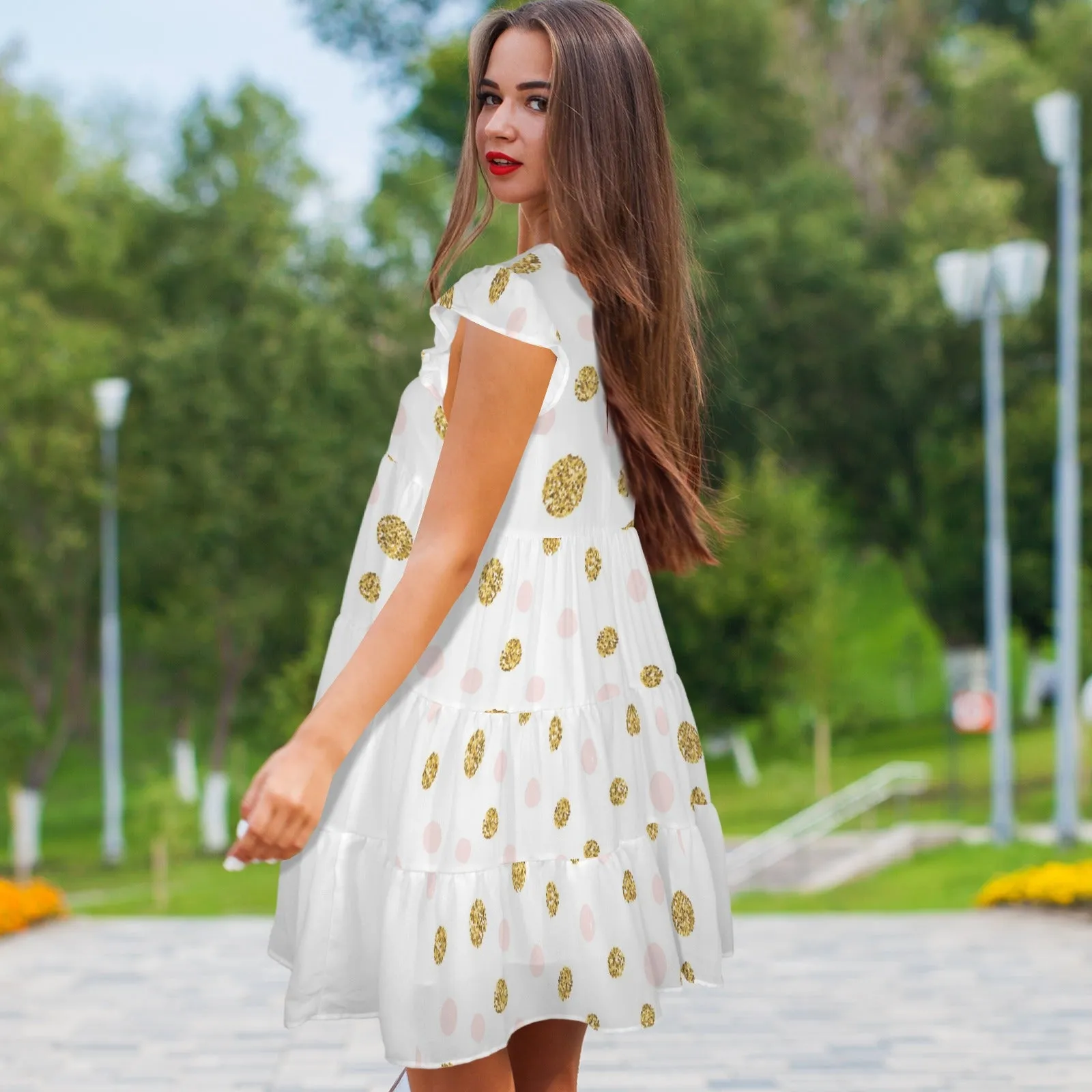Neck Ruffle Sleeve Flowy Pleated Casual Dress