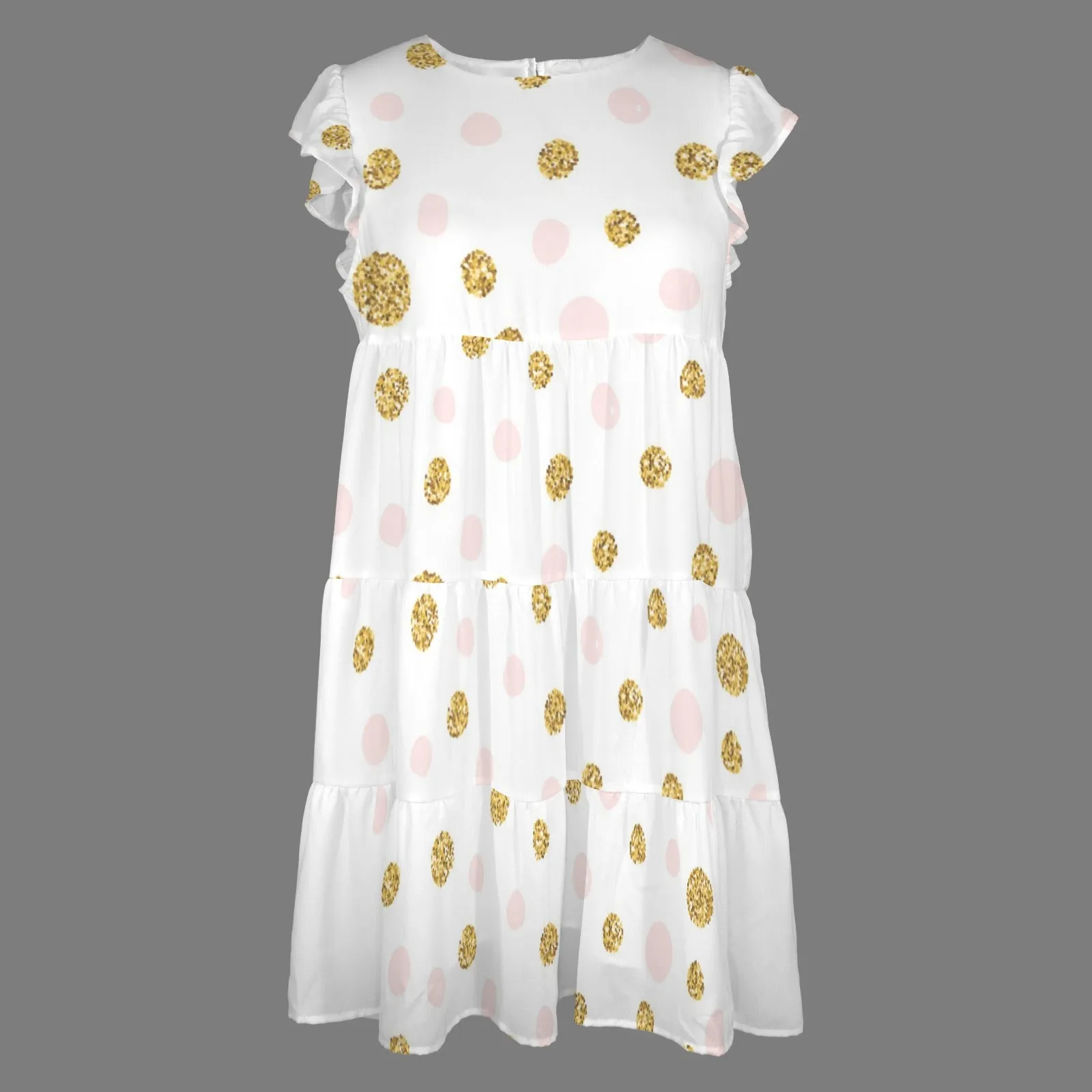 Neck Ruffle Sleeve Flowy Pleated Casual Dress