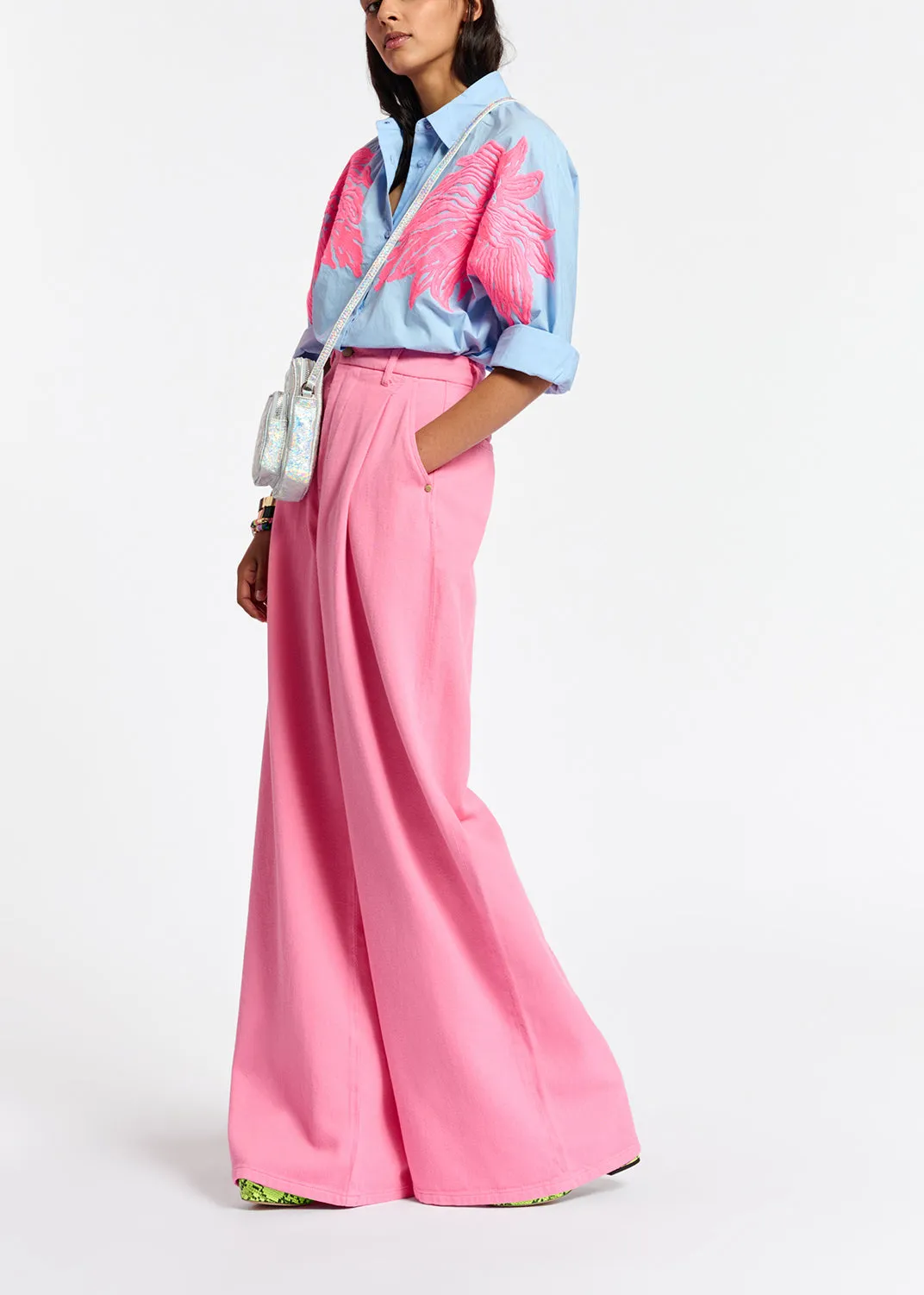 Neon pink wide-leg jeans