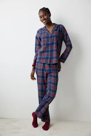 New York Navy Checked Blue Shirt Pants Pajama Set