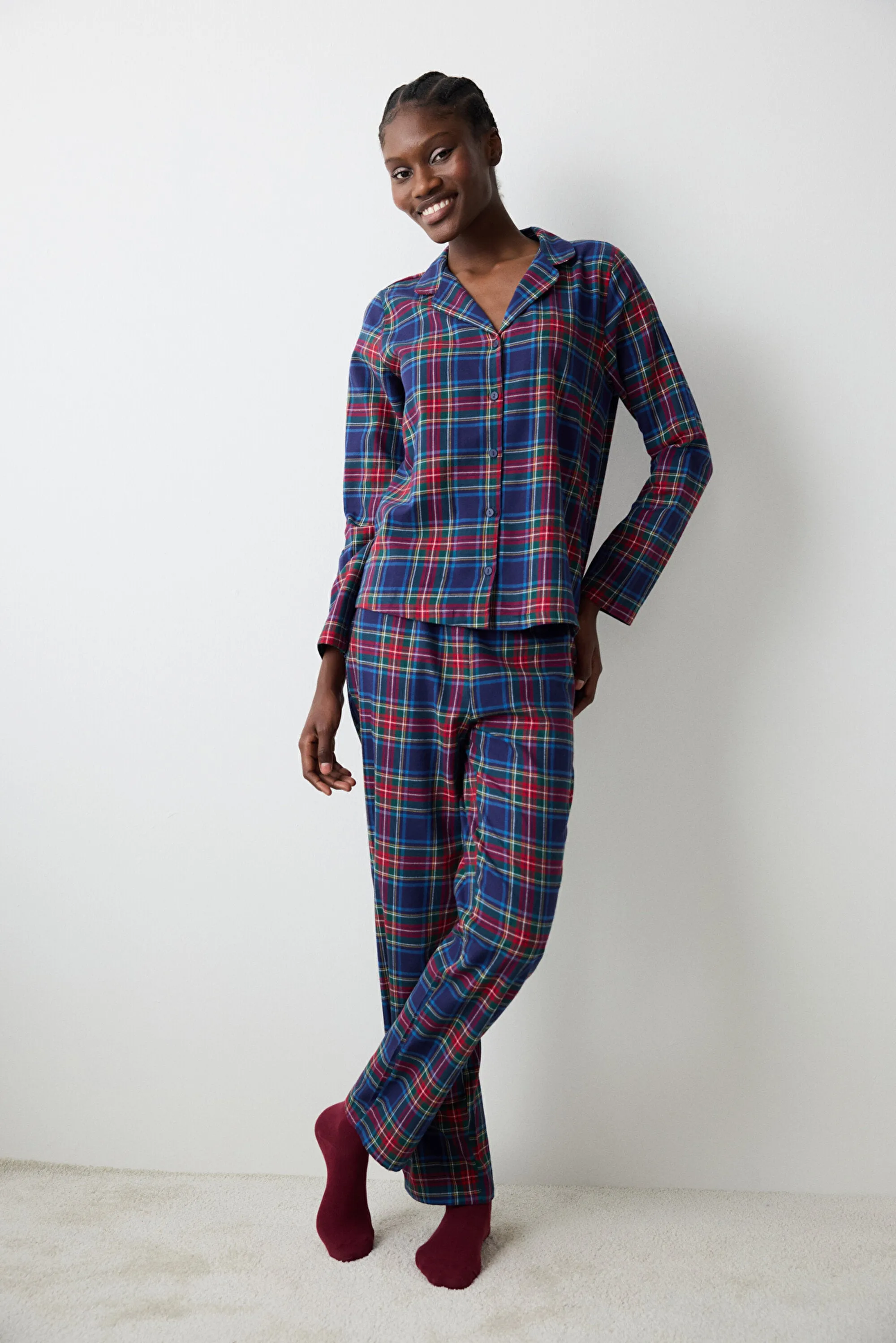 New York Navy Checked Blue Shirt Pants Pajama Set