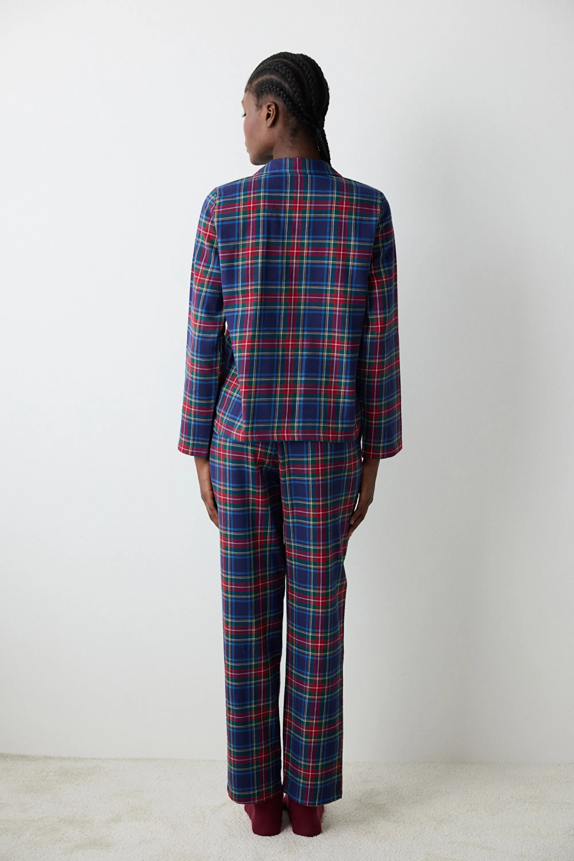 New York Navy Checked Blue Shirt Pants Pajama Set