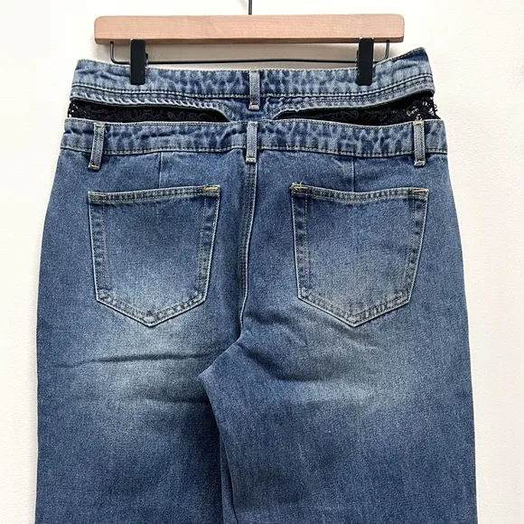 NIB Bebe Double High Waistband Lace Insert Wide Leg Full Length Jeans size 31