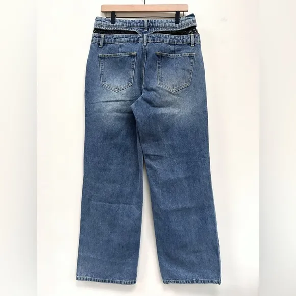 NIB Bebe Double High Waistband Lace Insert Wide Leg Full Length Jeans size 31