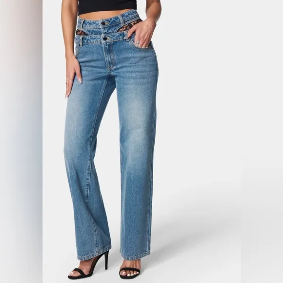 NIB Bebe Double High Waistband Lace Insert Wide Leg Full Length Jeans size 31