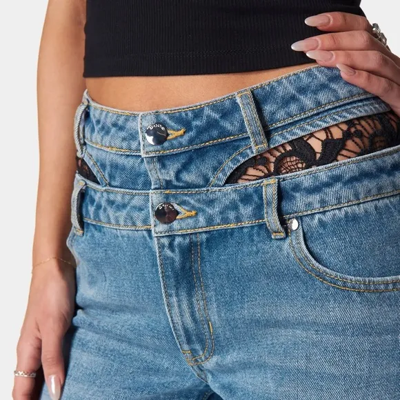 NIB Bebe Double High Waistband Lace Insert Wide Leg Full Length Jeans size 31