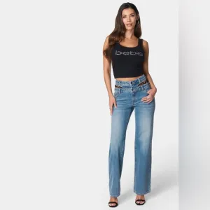 NIB Bebe Double High Waistband Lace Insert Wide Leg Full Length Jeans size 31
