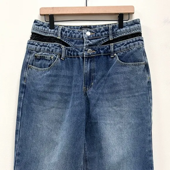 NIB Bebe Double High Waistband Lace Insert Wide Leg Full Length Jeans size 31