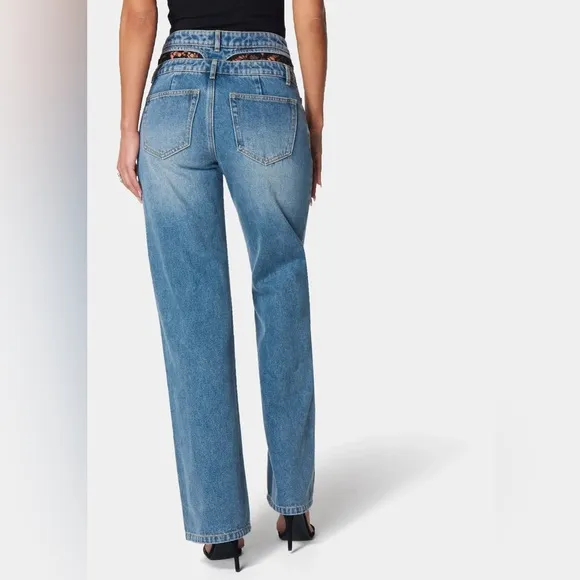NIB Bebe Double High Waistband Lace Insert Wide Leg Full Length Jeans size 31