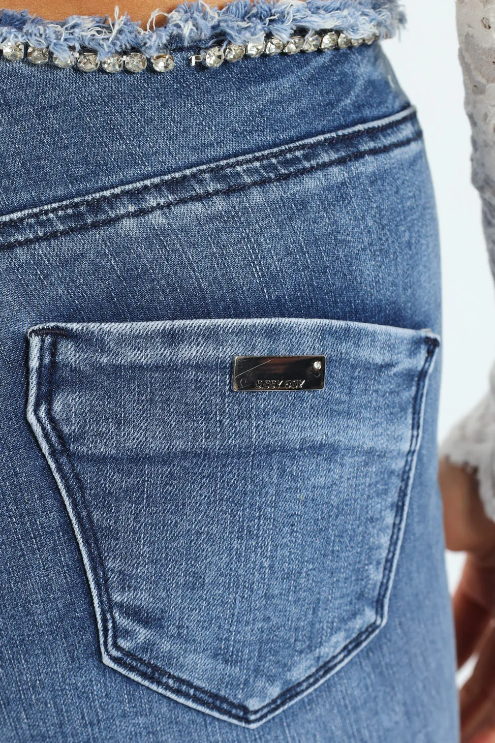 Nina Low Waist Flare Leg Jean With Diamante Waist - Med Wash