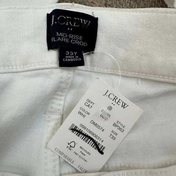 NWT J.Crew White Signature Stretch Mid-Rise Tall Flare Crop Jean Size 33T BP363