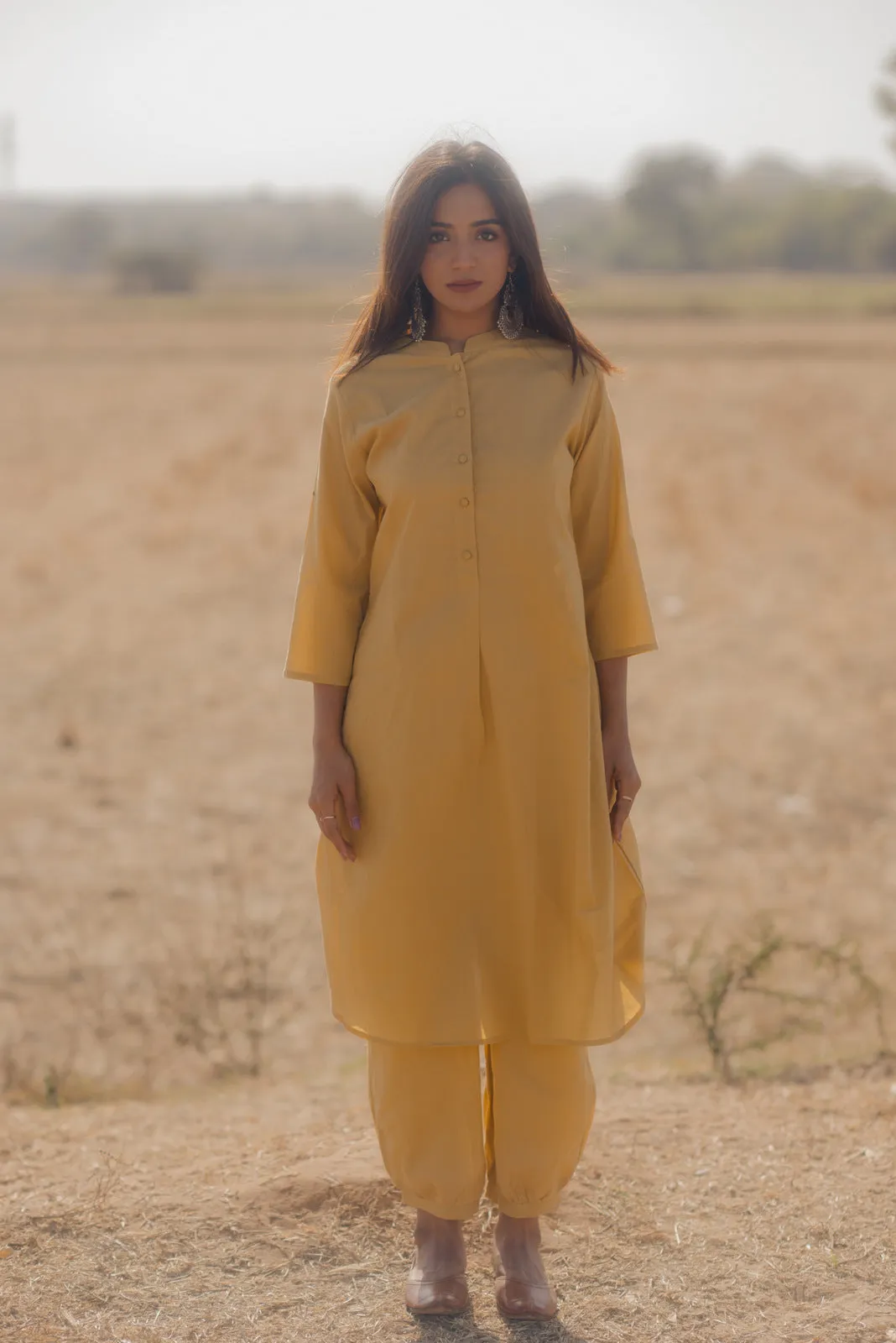 Ochre kurta set with Aqua blue Printed Dupatta