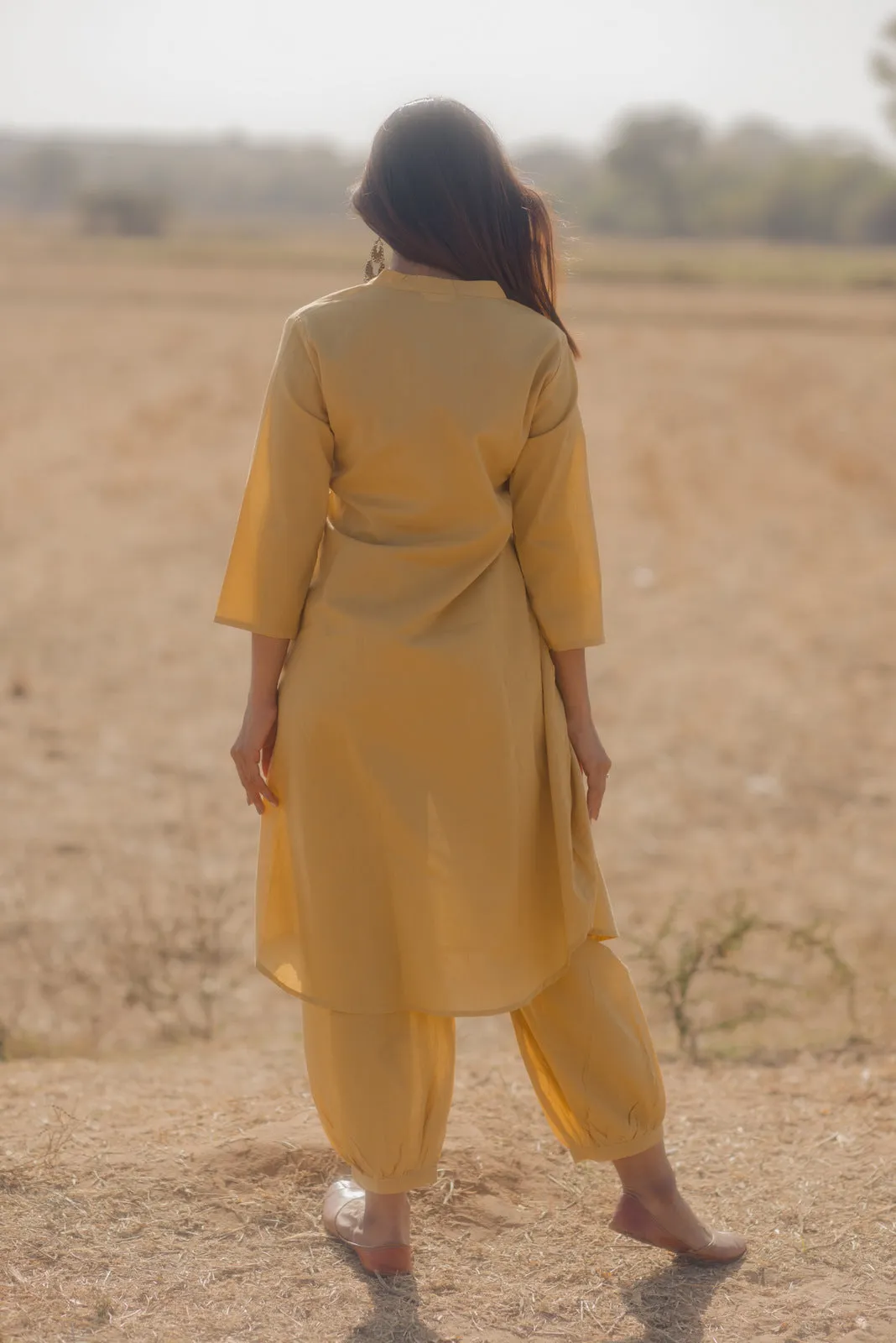 Ochre kurta set with Aqua blue Printed Dupatta