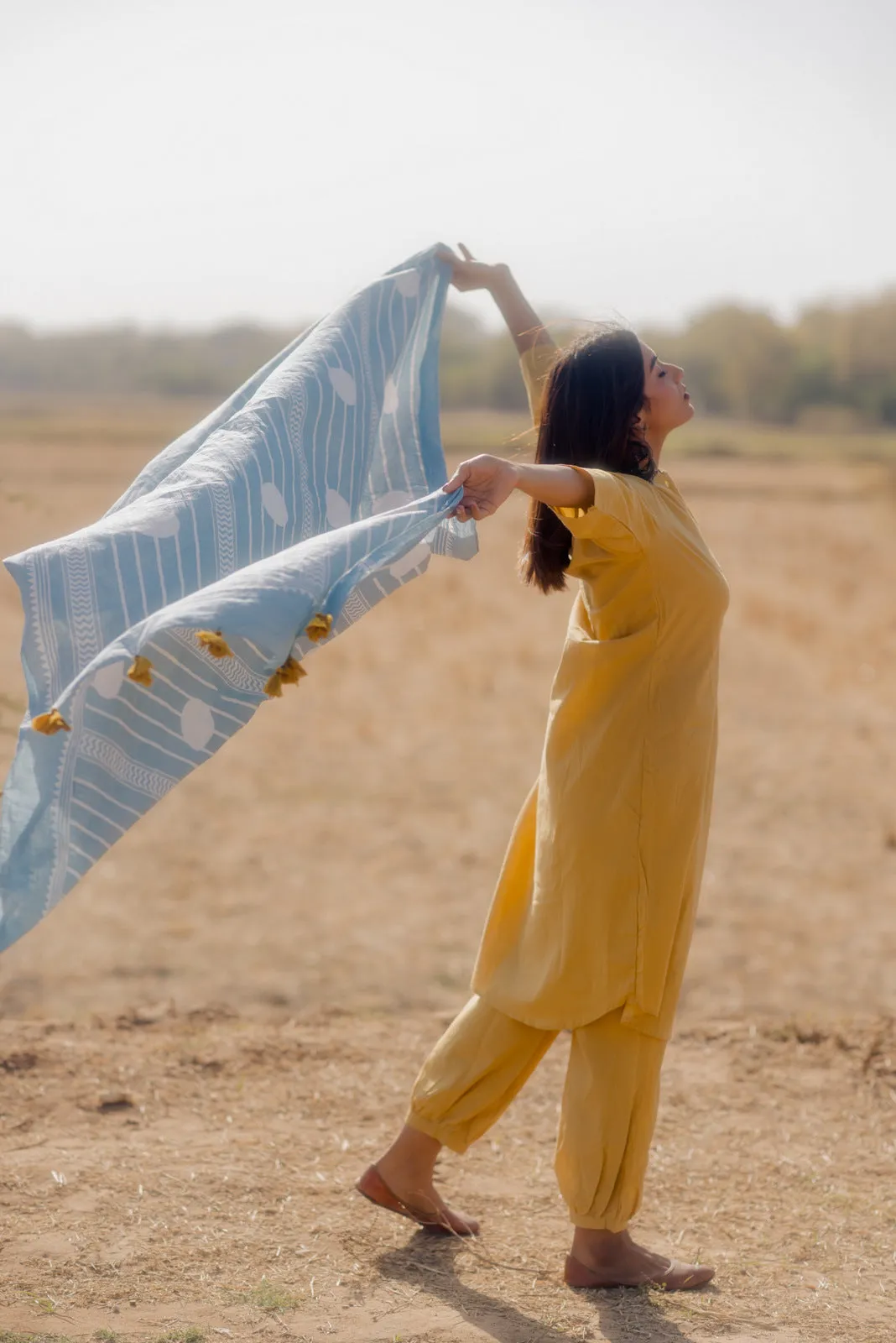 Ochre kurta set with Aqua blue Printed Dupatta