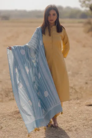 Ochre kurta set with Aqua blue Printed Dupatta