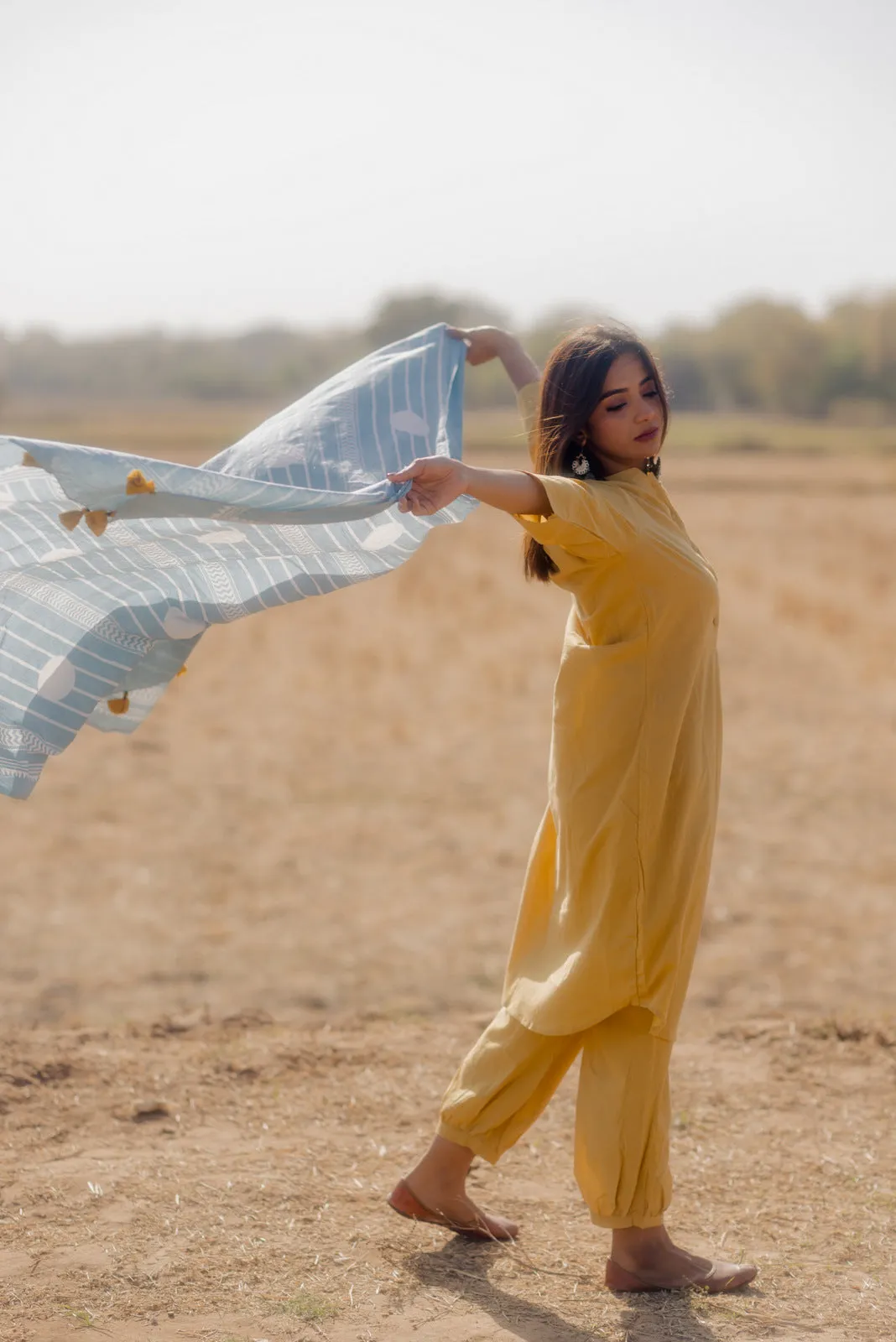 Ochre kurta set with Aqua blue Printed Dupatta