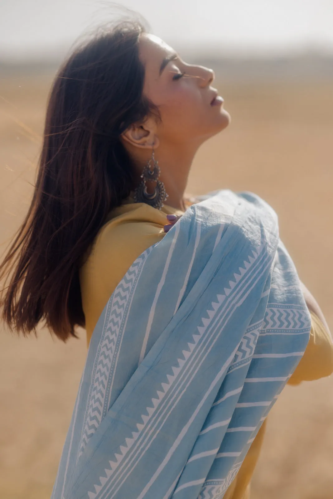 Ochre kurta set with Aqua blue Printed Dupatta