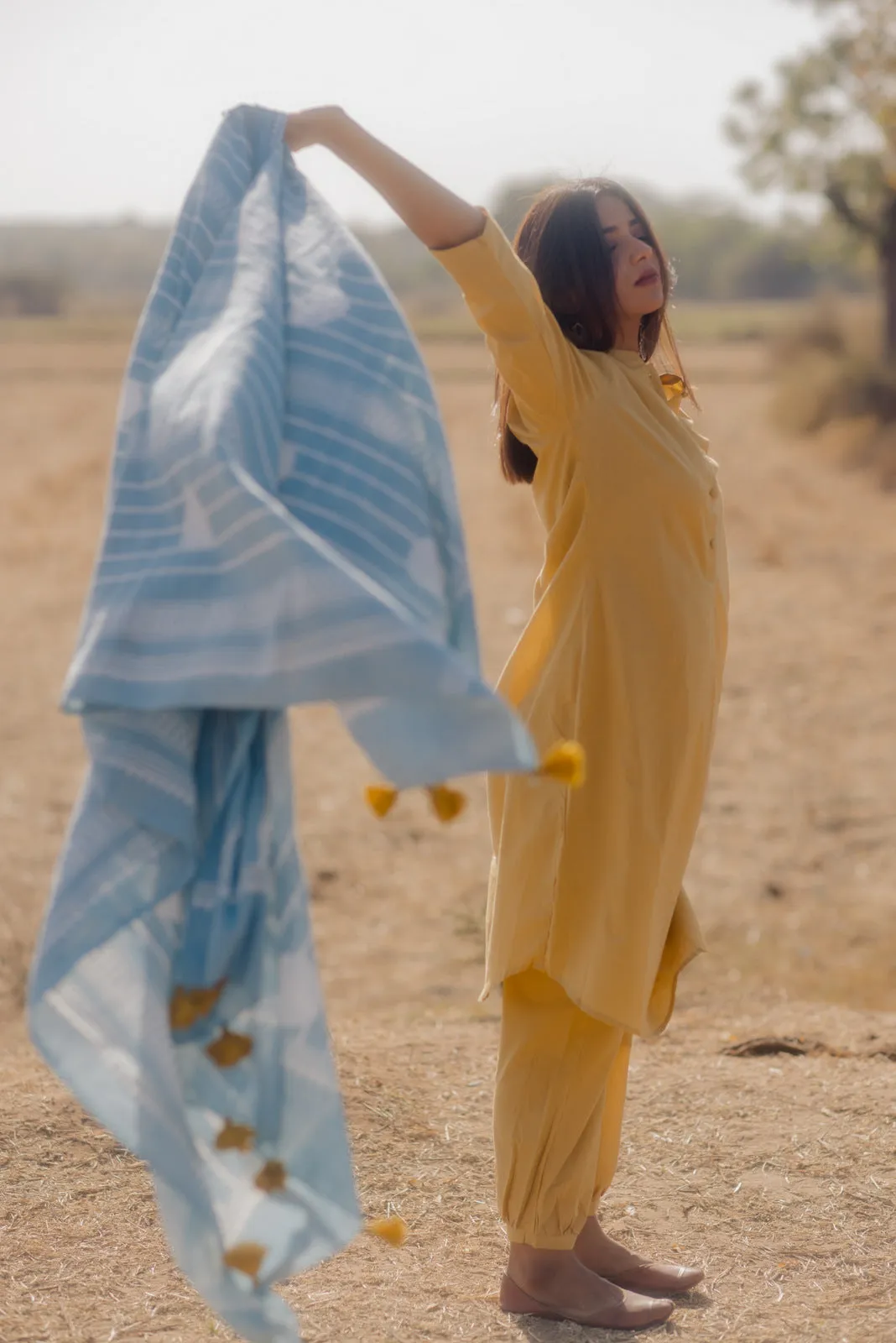 Ochre kurta set with Aqua blue Printed Dupatta