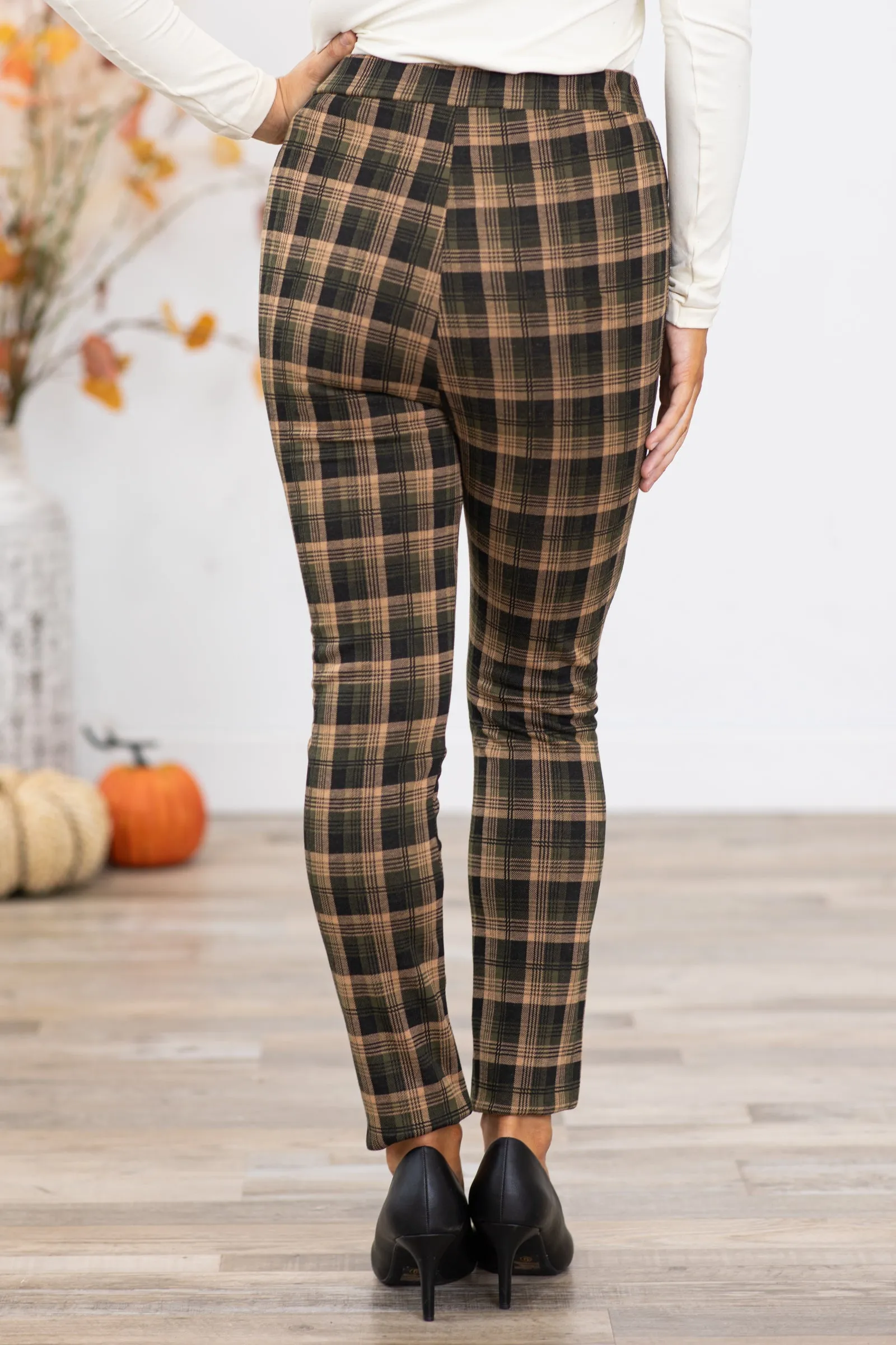 Olive Plaid Pull On Pants