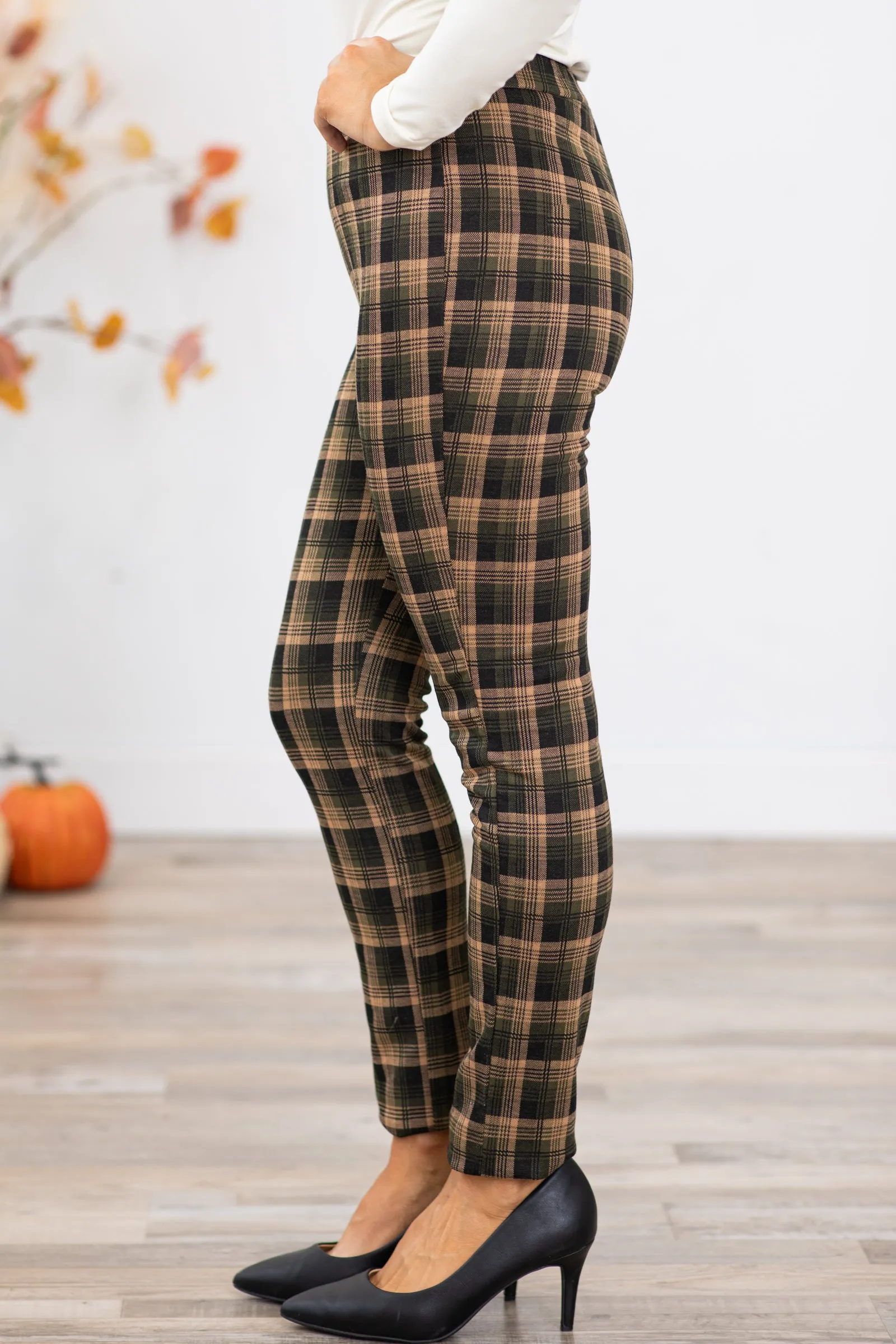 Olive Plaid Pull On Pants