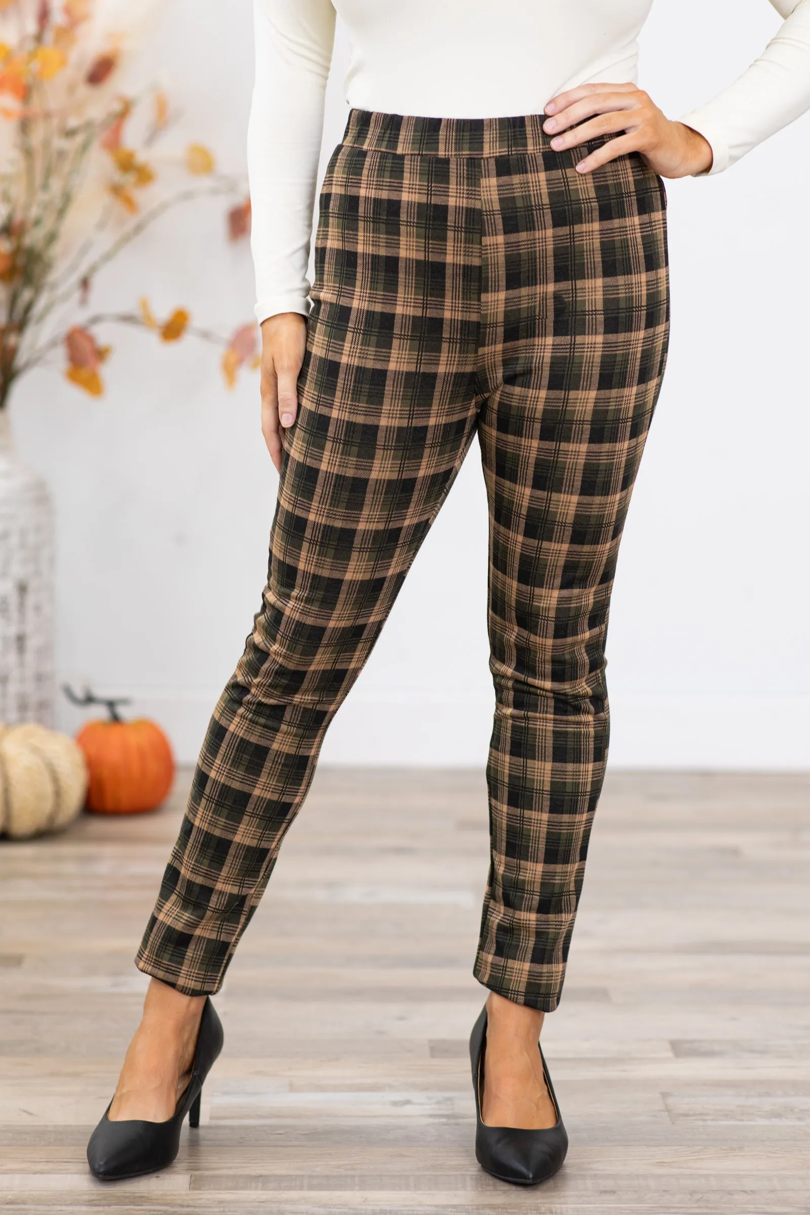 Olive Plaid Pull On Pants