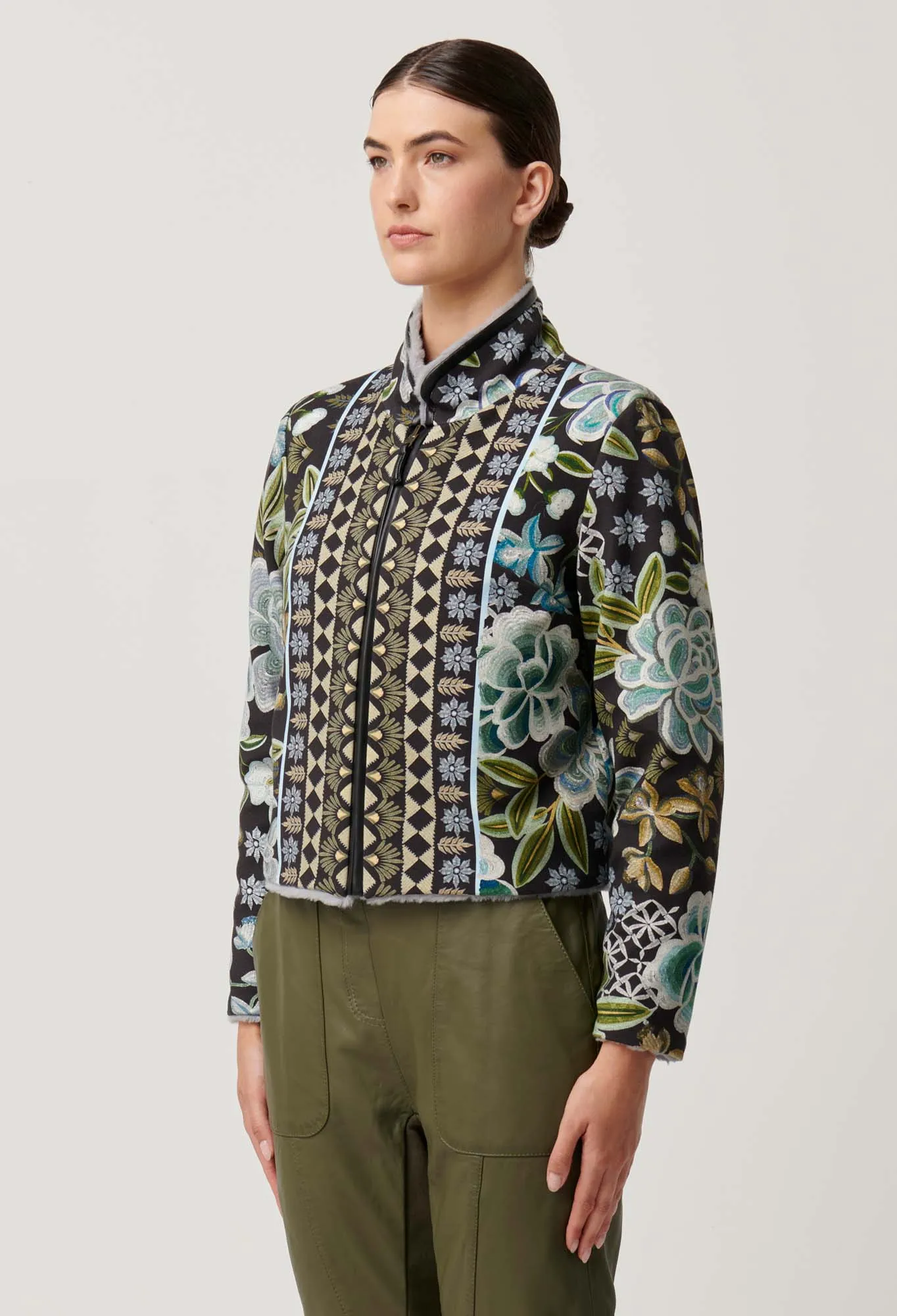 Once Was - Rylie Reversible. Placement Print Ponte & Faux Fur Jacket - Dahlia Fields