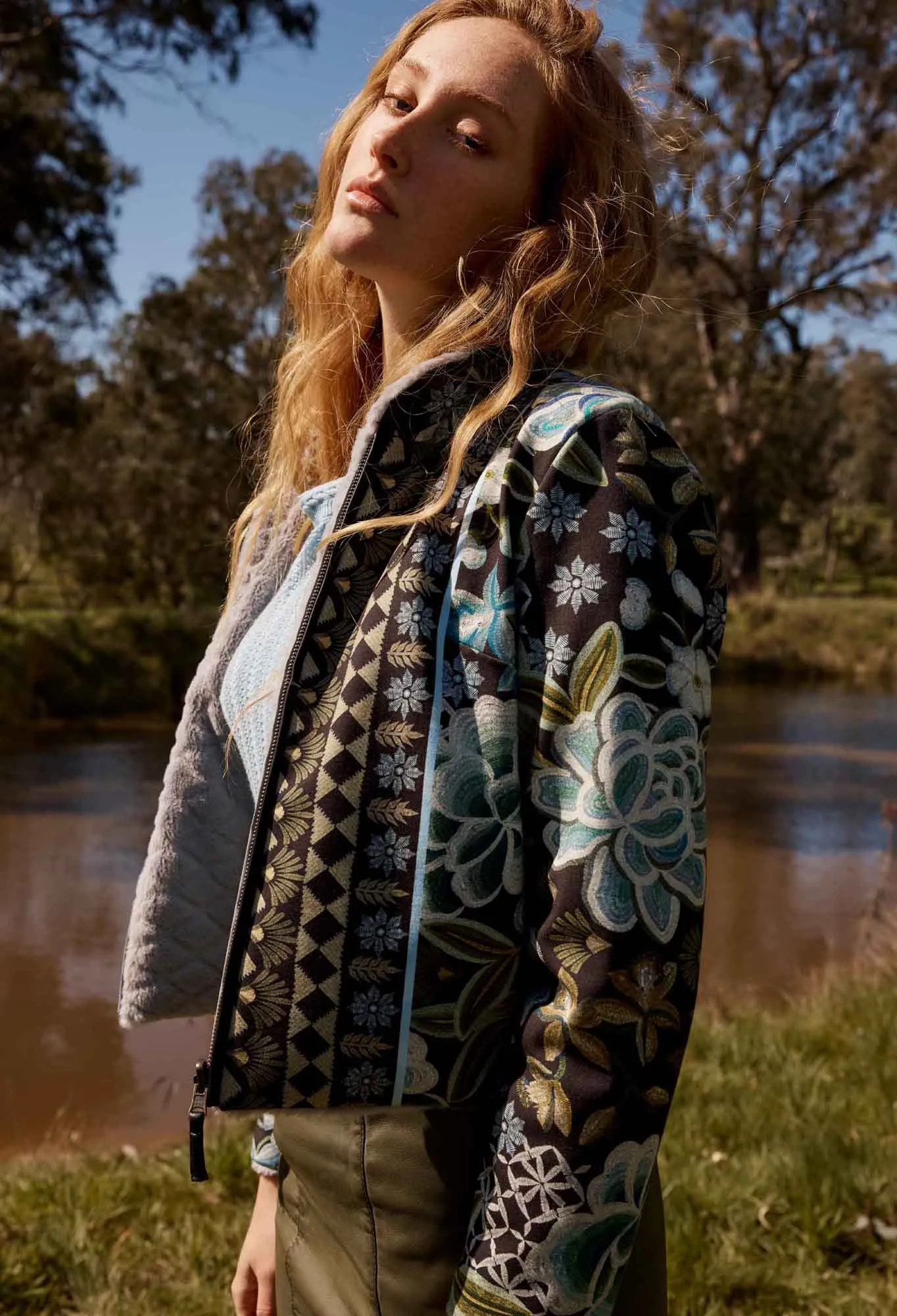 Once Was - Rylie Reversible. Placement Print Ponte & Faux Fur Jacket - Dahlia Fields
