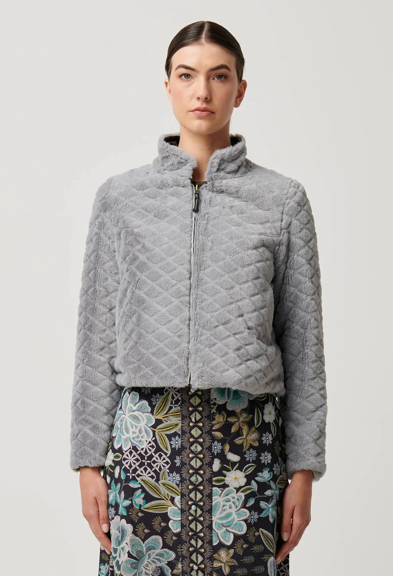 Once Was - Rylie Reversible. Placement Print Ponte & Faux Fur Jacket - Dahlia Fields